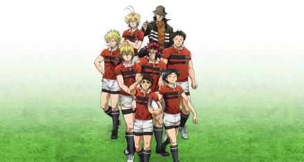 HD PC desktop wallpaper featuring the anime All Out!! characters in red rugby uniforms standing on a grassy field.