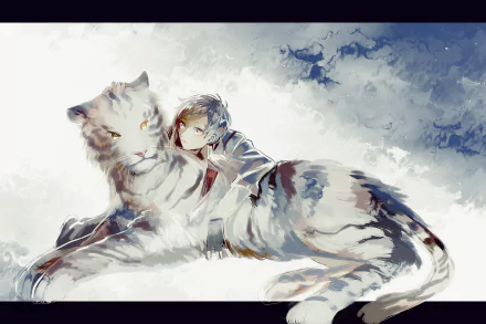 A stunning HD desktop wallpaper featuring a character from the anime Bungou Stray Dogs, resting alongside a majestic white tiger against a dreamy cloud backdrop.