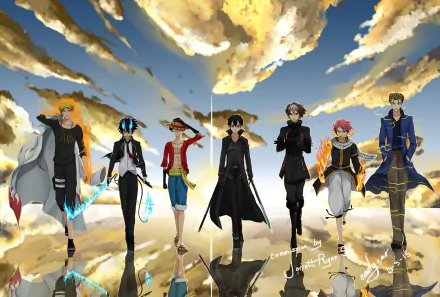 HD desktop wallpaper featuring a crossover of popular anime characters: Natsu Dragneel, Rin Okumura, Monkey D. Luffy, Kirito, Kazuto Kirigaya, Naruto Uzumaki, and Natsu Dragneel set against a vibrant sky backdrop.