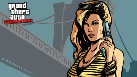 HD PC desktop wallpaper featuring artwork from the video game Grand Theft Auto: Liberty City Stories, depicting a woman holding a gun with a bridge in the background.