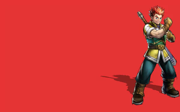 HD PC desktop wallpaper: Golden Sun video game hero Isaac stands at right on a solid red background, arms crossed with a sword on his back.