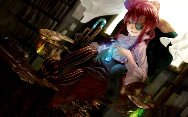 Anime original HD PC desktop wallpaper: red-haired girl with an eyepatch and striped stockings sits in a dim library armchair, cradling a glowing blue orb amid steampunk trinkets and books.