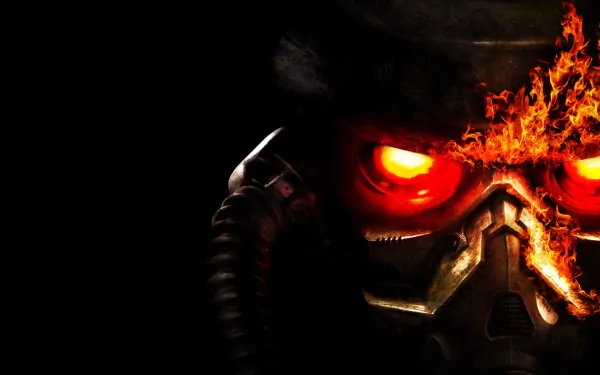 A striking HD desktop wallpaper featuring a close-up of a masked character from Killzone 3, with glowing red eyes and flames, set against a dark background.
