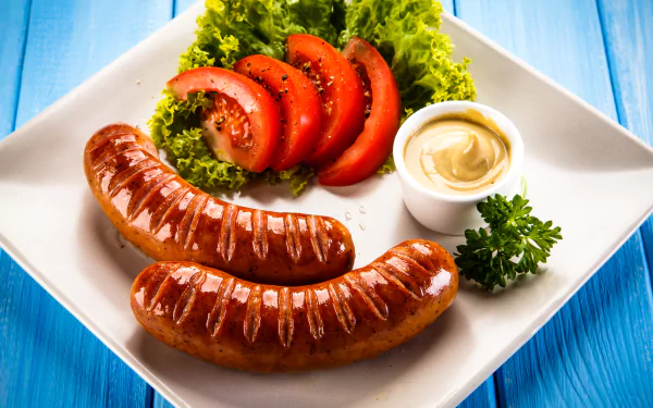 5K Ultra HD PC desktop wallpaper: two grilled sausages on a white plate with lettuce, sliced tomato, dipping sauce and parsley on a blue wood background.