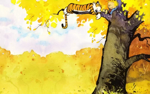 Calvin and Hobbes relaxing together in a vibrant autumn setting. The rich colors of the leaves add warmth to this HD desktop wallpaper inspired by the beloved comic.