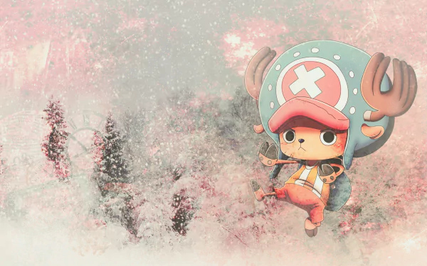 HD desktop wallpaper featuring Tony Tony Chopper from the anime One Piece, set against a dreamy pastel background with soft floral elements.