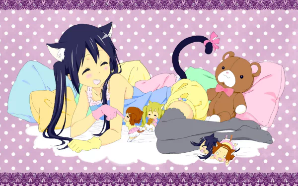 HD PC desktop wallpaper/background: K-ON! anime of a cat-eared girl lounging on pillows with a teddy and tiny chibi bandmates on a lavender polka-dot backdrop.