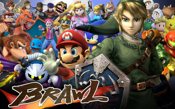 Video game HD PC desktop wallpaper and background featuring Super Smash Bros. Brawl characters: Link front and center with Mario, Peach, Donkey Kong, Meta Knight and a colorful ensemble cast.