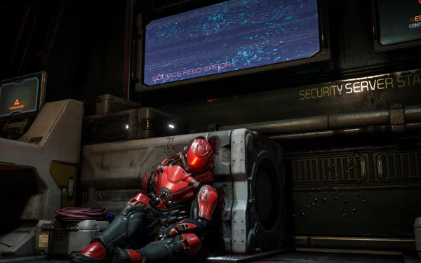 A lone character in red armor rests against a metallic surface, with flickering screens in the background, capturing the intense atmosphere of Doom (2016) in this HD PC wallpaper.