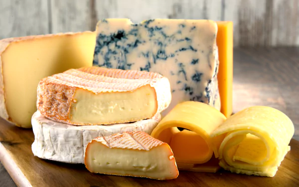A vibrant collection of assorted cheeses, including brie, blue cheese, and cheddar, arranged on a wooden board, designed as a 4K Ultra HD PC desktop wallpaper and background.