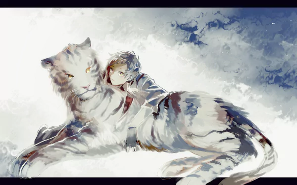 A stunning HD desktop wallpaper featuring a character from the anime Bungou Stray Dogs, resting alongside a majestic white tiger against a dreamy cloud backdrop.
