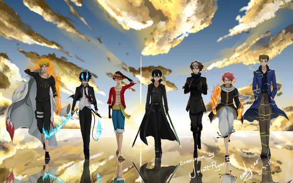 Anime Crossover Natsu Dragneel Kirito Kazuto Kirigaya Naruto Uzumaki Monkey D. Luffy Rin Okumura Fairy Tail Sword Art Online One Piece Naruto Blue Exorcist HD Wallpaper | Background Image