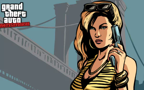 HD PC desktop wallpaper featuring artwork from the video game Grand Theft Auto: Liberty City Stories, depicting a woman holding a gun with a bridge in the background.