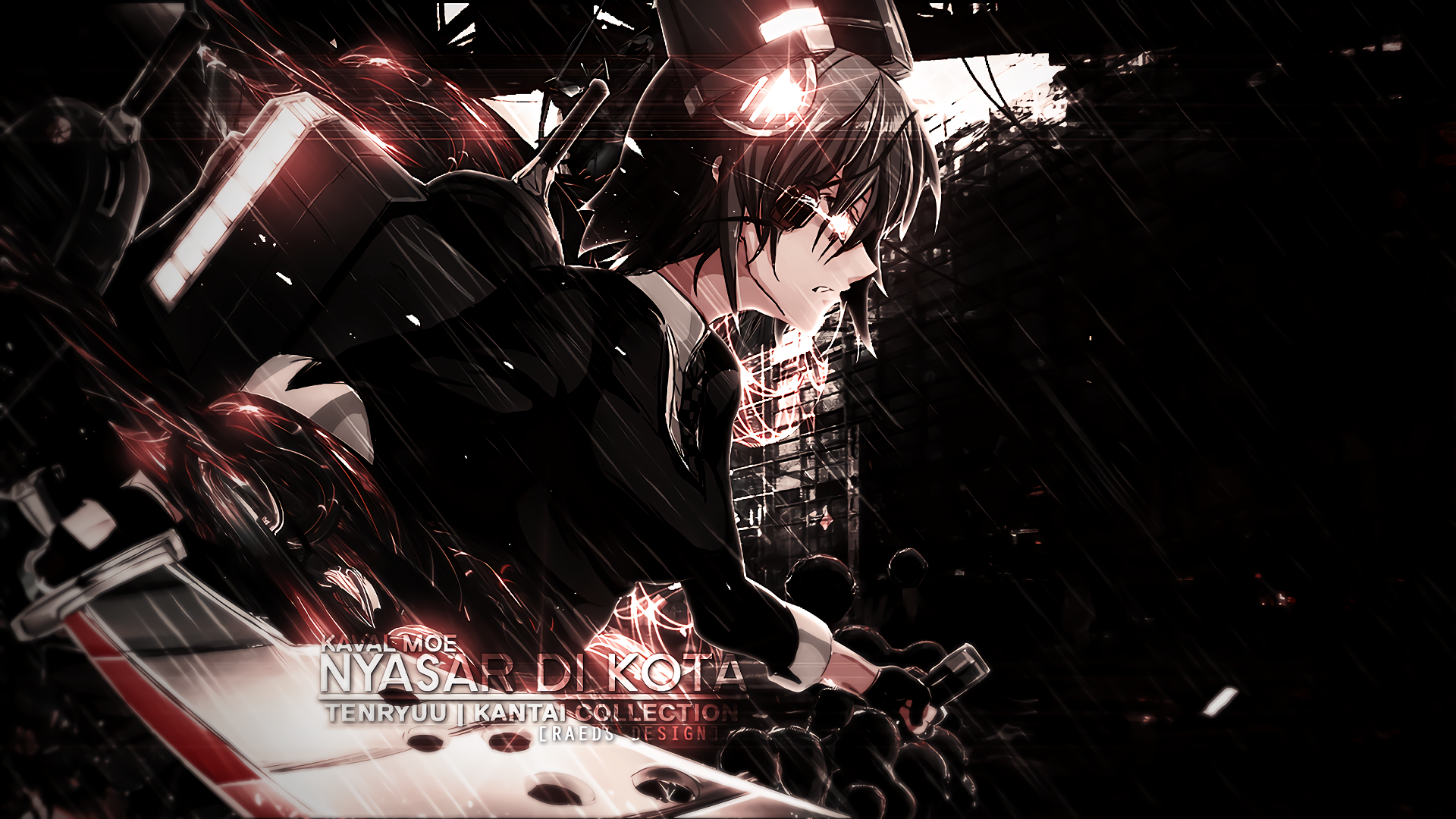 HD anime wallpaper featuring Tenryuu from Kantai Collection wielding a sword in a dark, dynamic scene with dramatic lighting and intense atmosphere.