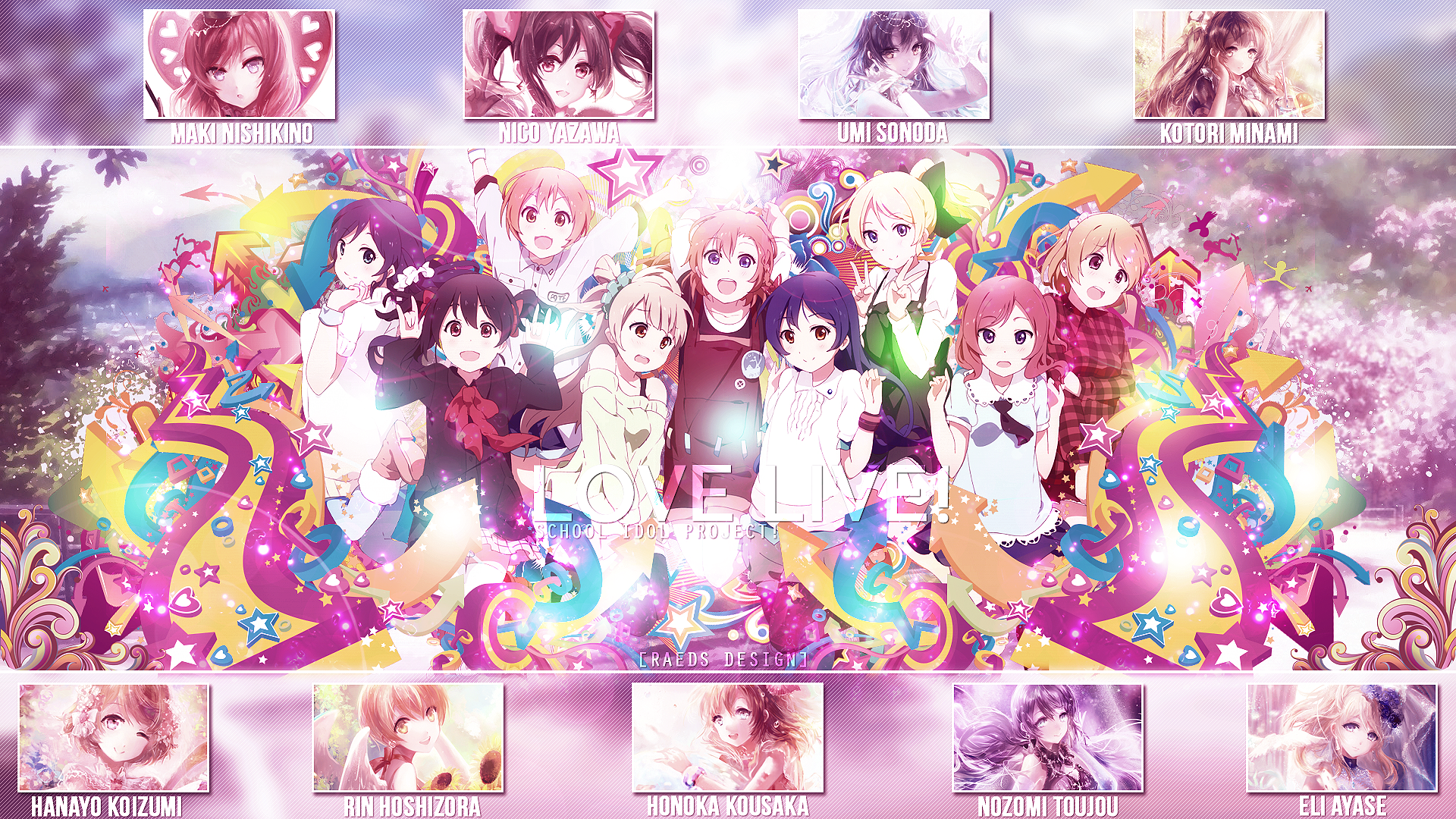 Colorful HD desktop wallpaper featuring characters from Love Live! including Nico Yazawa, Eri Ayase, and others, surrounded by vibrant designs and cheerful backgrounds.