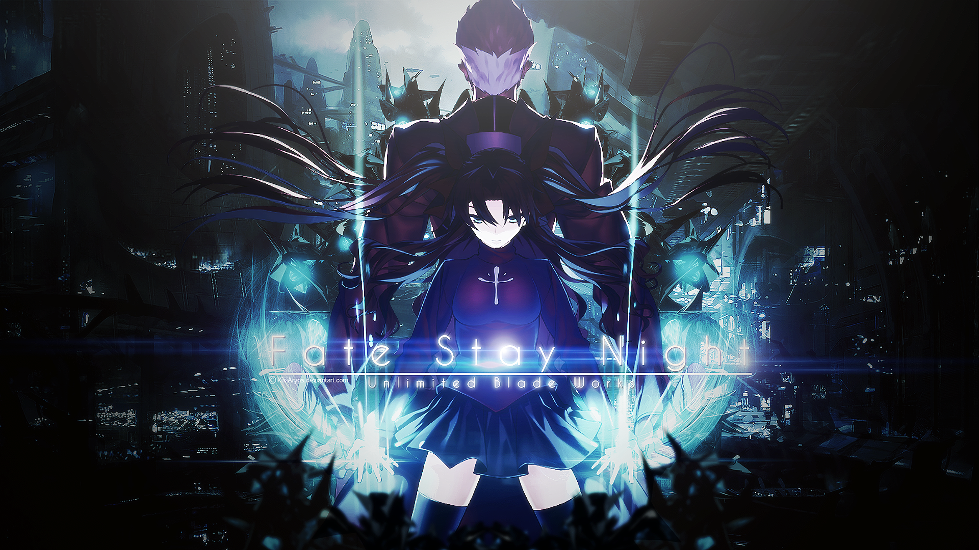 HD desktop wallpaper featuring Archer and Rin Tohsaka from Fate/Stay Night: Unlimited Blade Works in a dark, mystical setting with glowing blue accents.