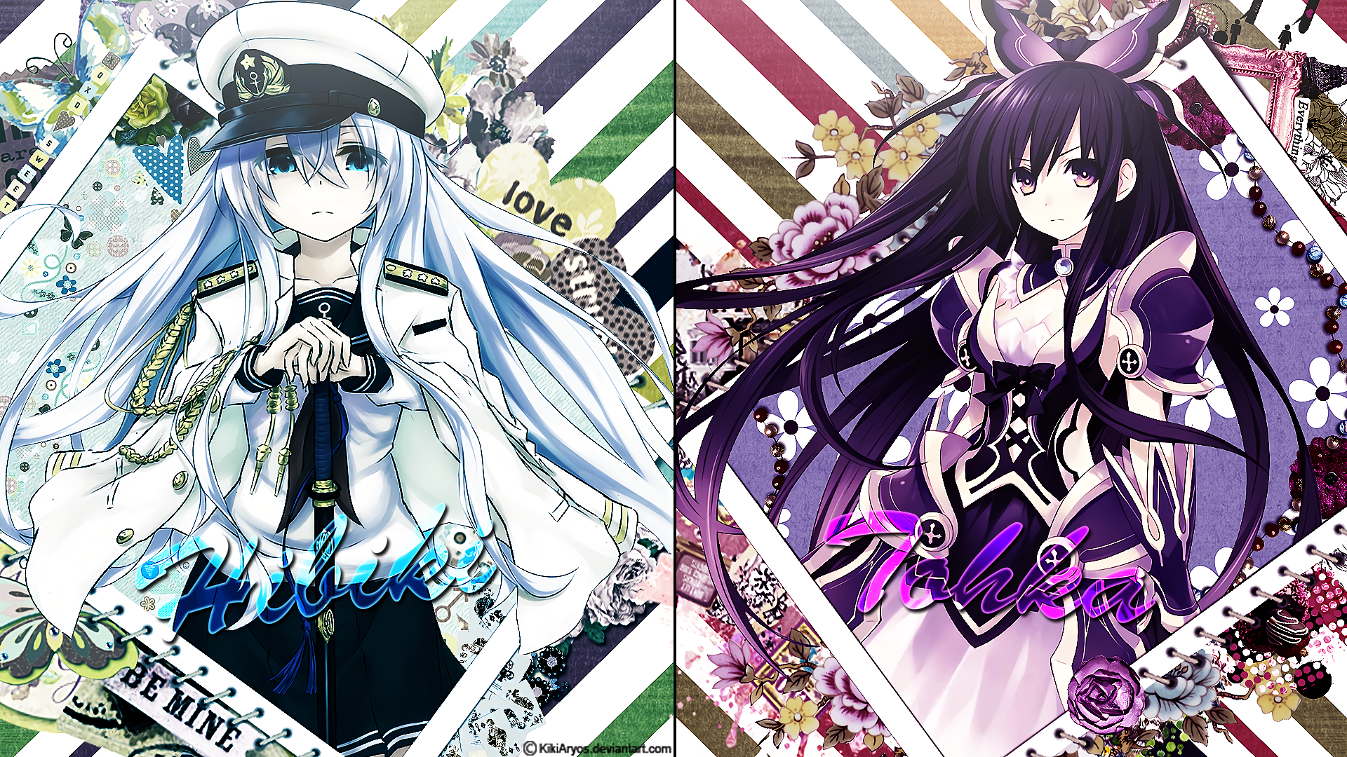 A vibrant HD wallpaper featuring a crossover between Kantai Collection's Hibiki and Date A Live's Tohka Yatogami, showcasing their distinct styles against a colorful background.