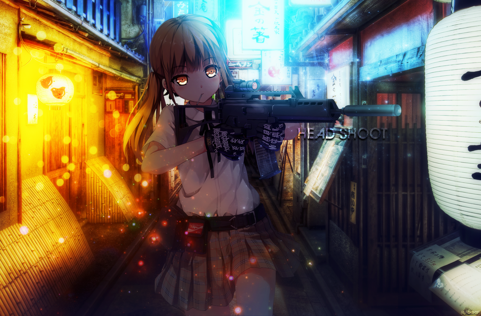 Anime original HD PC desktop wallpaper: dark-haired schoolgirl in uniform aims a rifle in a neon-lit alley, warm lanterns and blue neon bokeh creating a moody, cinematic background.
