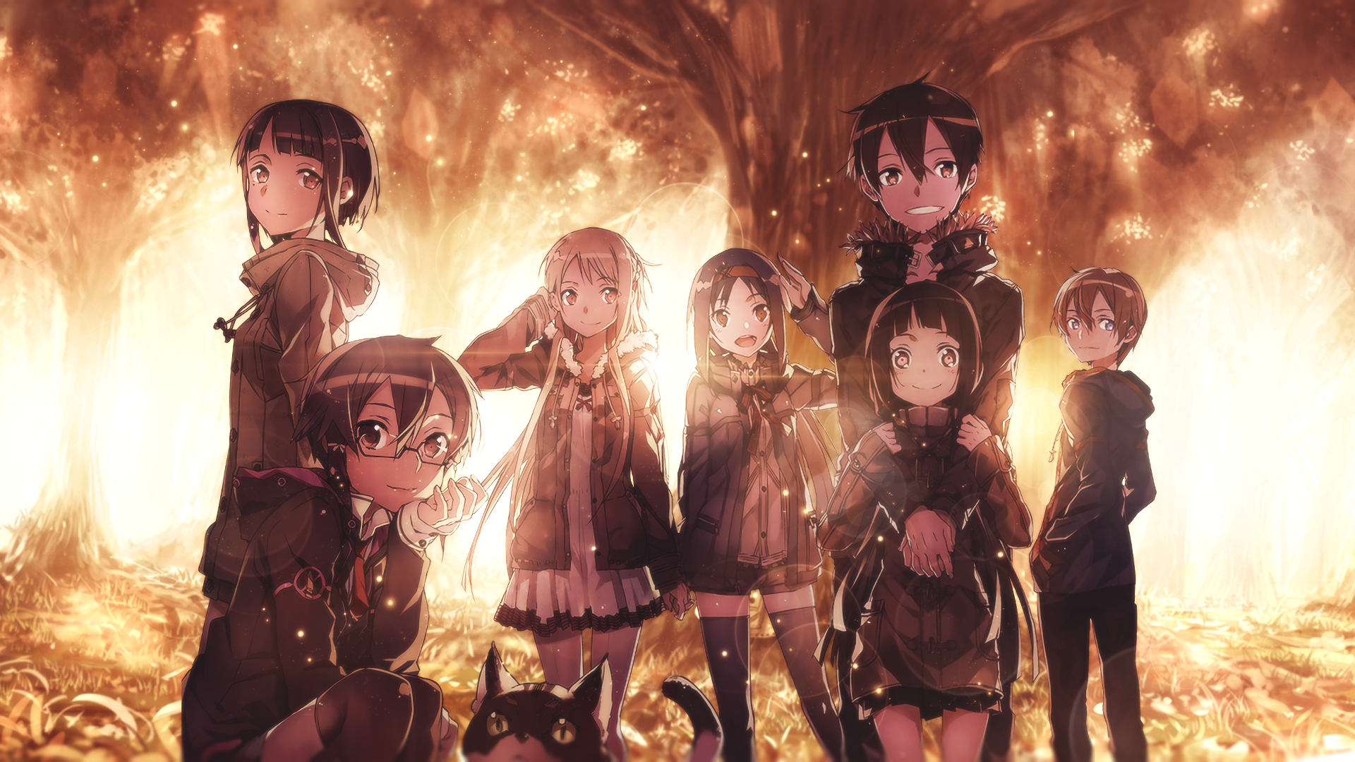 HD PC desktop wallpaper featuring the main characters of Anime Sword Art Online II standing together in a glowing, autumnal forest setting.