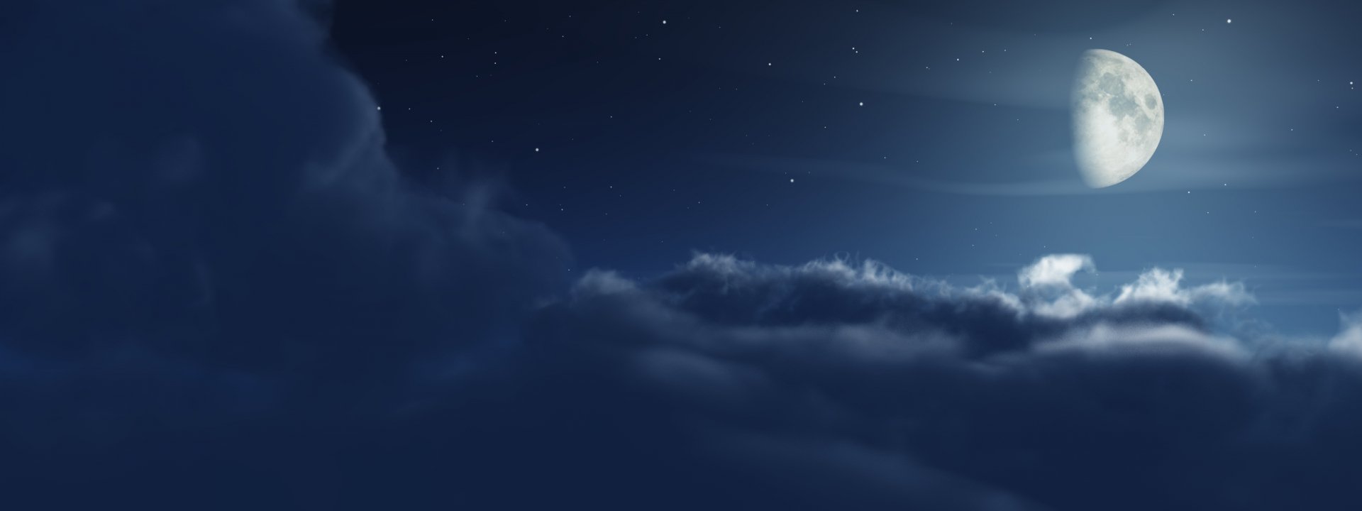 A serene night sky with a bright moon illuminating fluffy clouds, creating a tranquil atmosphere. This HD desktop wallpaper captures the beauty of nature and the moonlit night.