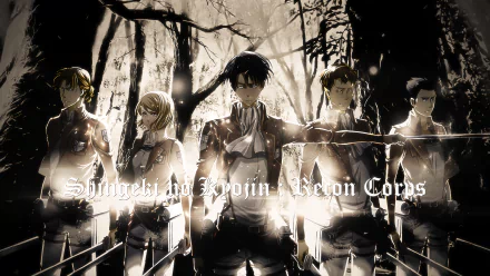 Anime HD PC desktop wallpaper from Attack on Titan featuring the Scout Regiment in a dark, dramatic forest setting with the text Shingeki no Kyojin - Scout Corps.