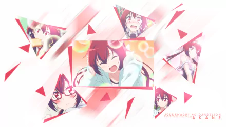 Anime HD desktop wallpaper featuring vibrant character portraits from Castle Town Dandelion arranged in dynamic geometric shapes on a bright background.