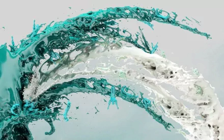 Artistic HD desktop wallpaper showcasing swirling, elemental water-like forms in teal and white, creating a dynamic, fluid movement against a soft gray background.
