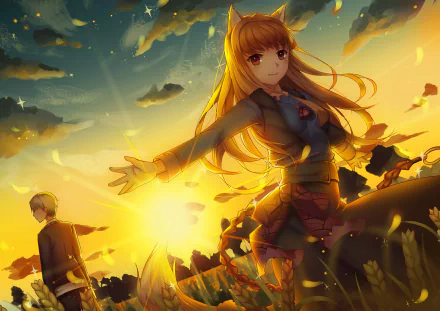 HD desktop wallpaper featuring Kraft Lawrence and Holo from the anime Spice and Wolf. The vibrant background displays a sunset with golden hues and flying petals in a field.