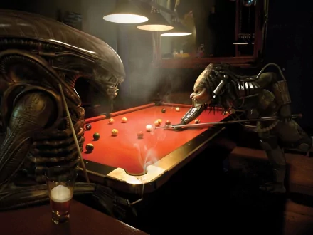 A high-definition desktop wallpaper featuring an alien from Predator and a xenomorph playing a game of billiards, blending elements of video games and humor in a unique and entertaining setup.