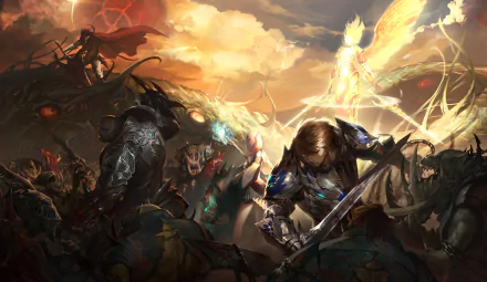 HD Lineage II desktop wallpaper depicting an armored angel warrior wielding a sword in a fierce battle against dark creatures.