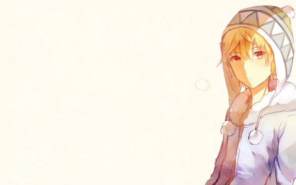HD wallpaper of Yukine from Noragami, featuring a character with blonde hair in a winter outfit and a patterned hat, set against a soft, lightly colored background.