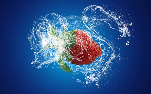 A vibrant strawberry surrounded by splashing water droplets, captured in stunning 8K Ultra HD, highlighting the freshness of fruit and berry against a deep blue background.