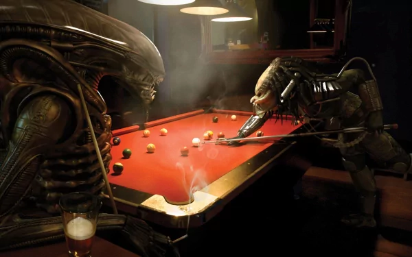 A high-definition desktop wallpaper featuring an alien from Predator and a xenomorph playing a game of billiards, blending elements of video games and humor in a unique and entertaining setup.