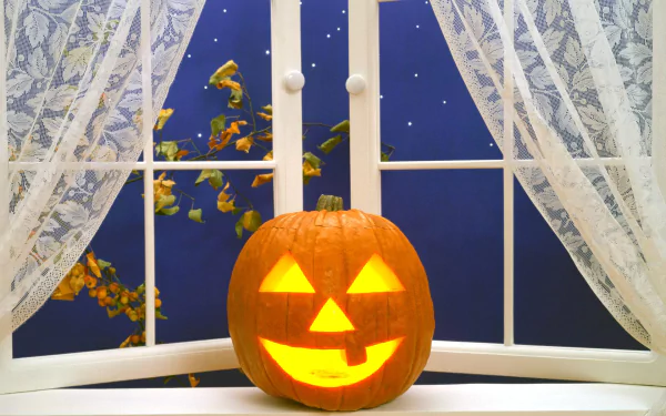 A glowing jack-o'-lantern pumpkin sits on a windowsill framed by lace curtains under a starry night sky, capturing a festive Halloween holiday atmosphere.