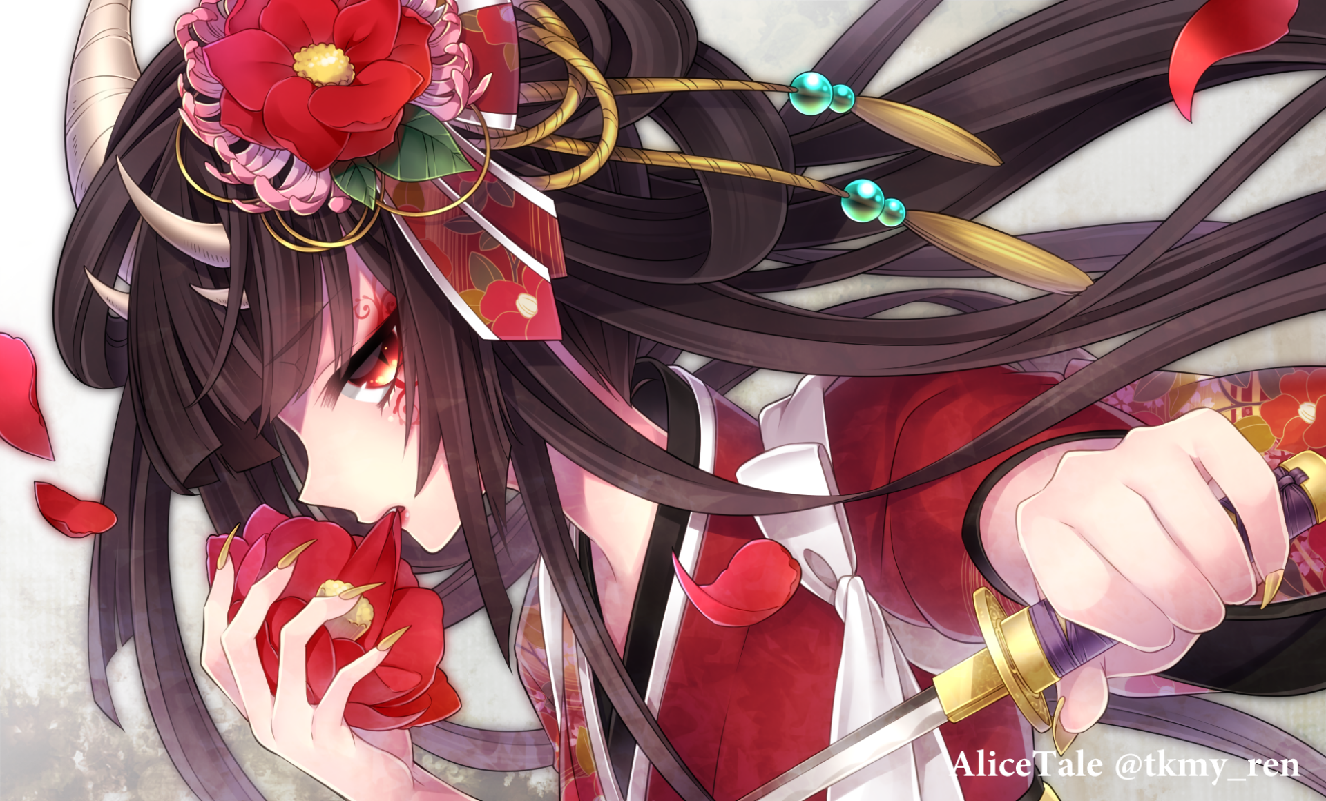 A stunning HD anime wallpaper featuring a character with long, dark hair adorned with flowers, gripping a rose in one hand and a sword in the other, radiating a captivating aura.