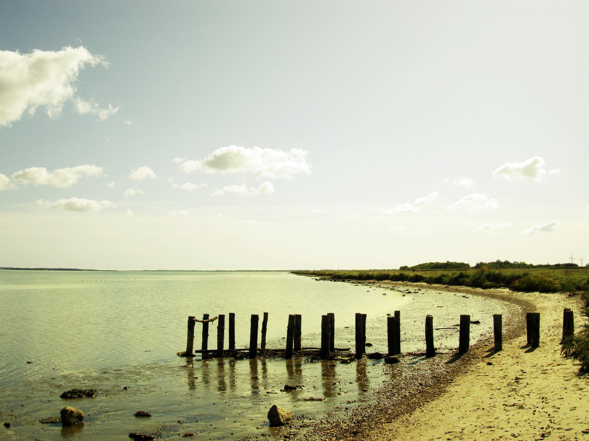 A serene beach scene featuring weathered wooden posts leading into calm waters, under a bright sky with soft clouds. This HD wallpaper captures the beauty of nature.