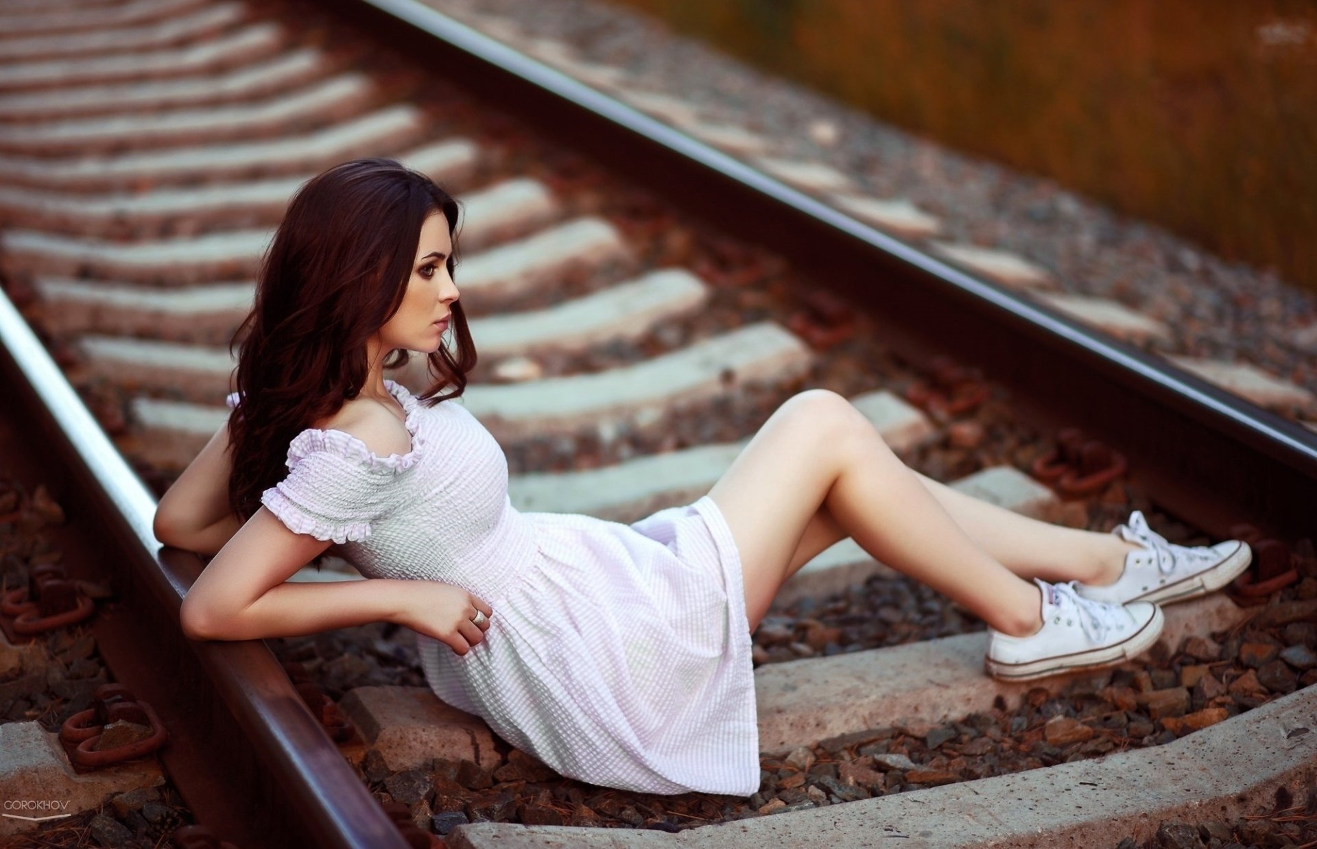 Download Railroad Brunette White Dress Model Woman Mood HD Wallpaper