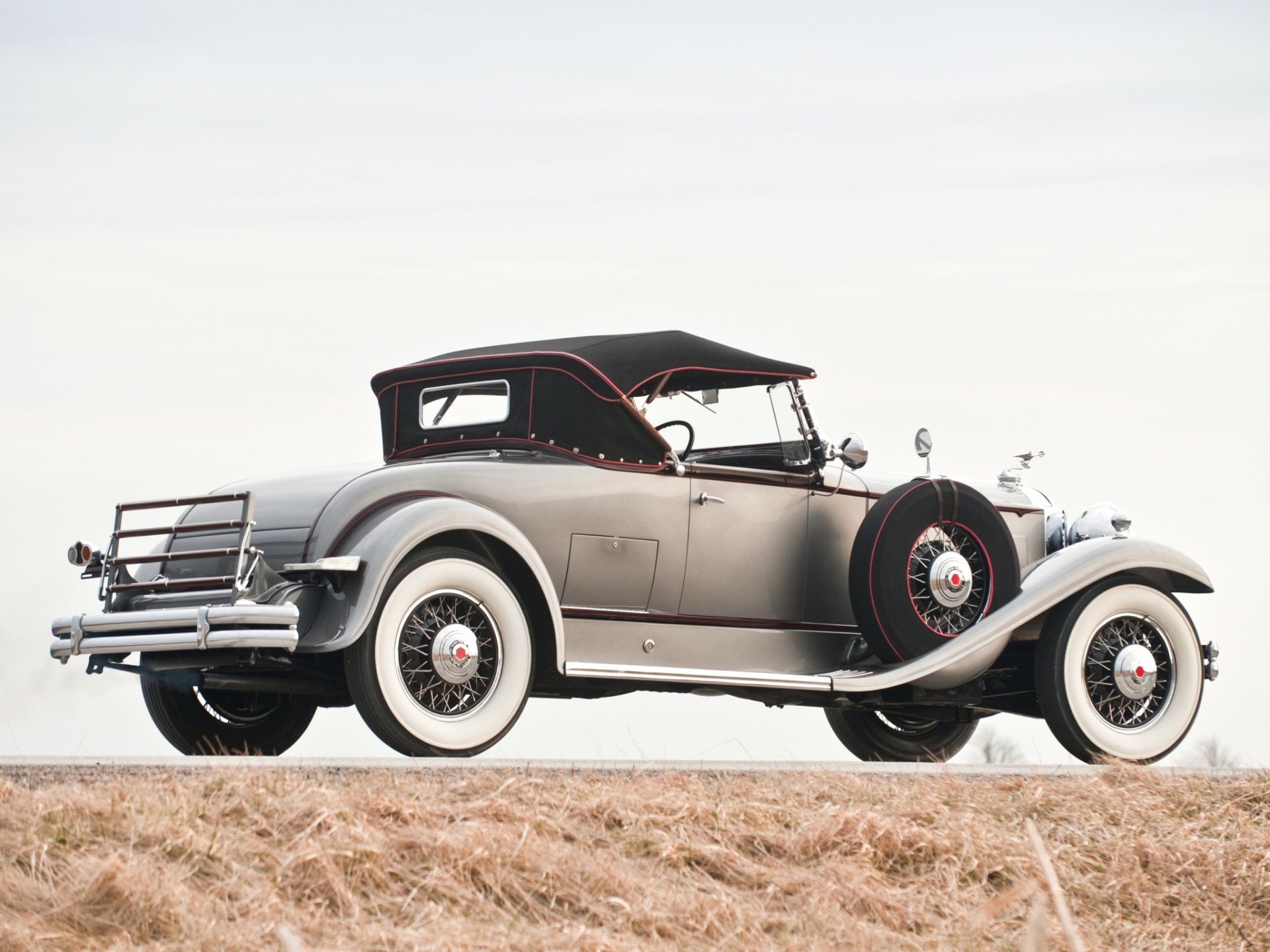 Side view of a silver 1931 Packard Deluxe Eight Roadster vintage vehicle on grass, rendered as an HD PC desktop wallpaper background.