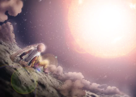 Saitama from One-Punch Man sits contemplatively on a rocky surface, gazing at a bright sun amidst clouds, creating an ethereal atmosphere in this HD anime wallpaper.