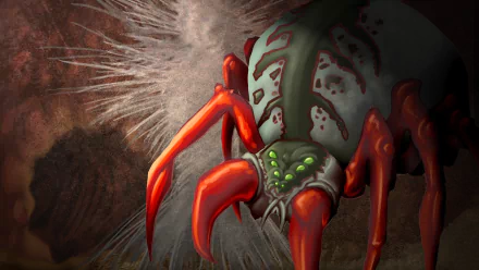 HD PC desktop wallpaper featuring a detailed, menacing spider creature from the video game Tibia, highlighting its red legs and glowing green eyes in a dark setting.