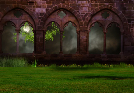 HD PC desktop wallpaper of an artistic nighttime scene showing moonlight through arches of an ancient stone window, with grass growing beneath.