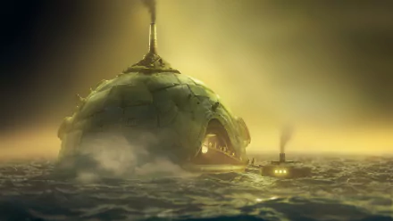 HD wallpaper featuring a scene from the video game Little Nightmares, depicting a large, eerie, industrial structure in the ocean, with steam rising from its chimneys and an ominous atmosphere.