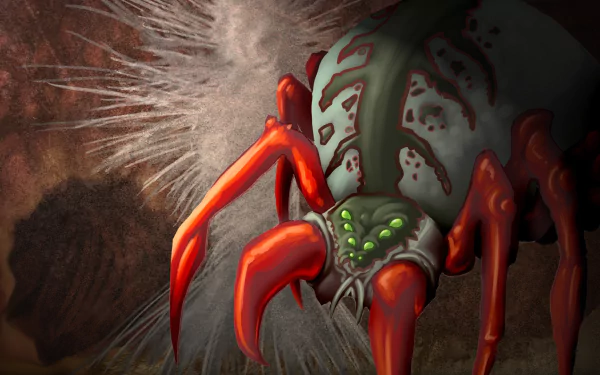 HD PC desktop wallpaper featuring a detailed, menacing spider creature from the video game Tibia, highlighting its red legs and glowing green eyes in a dark setting.