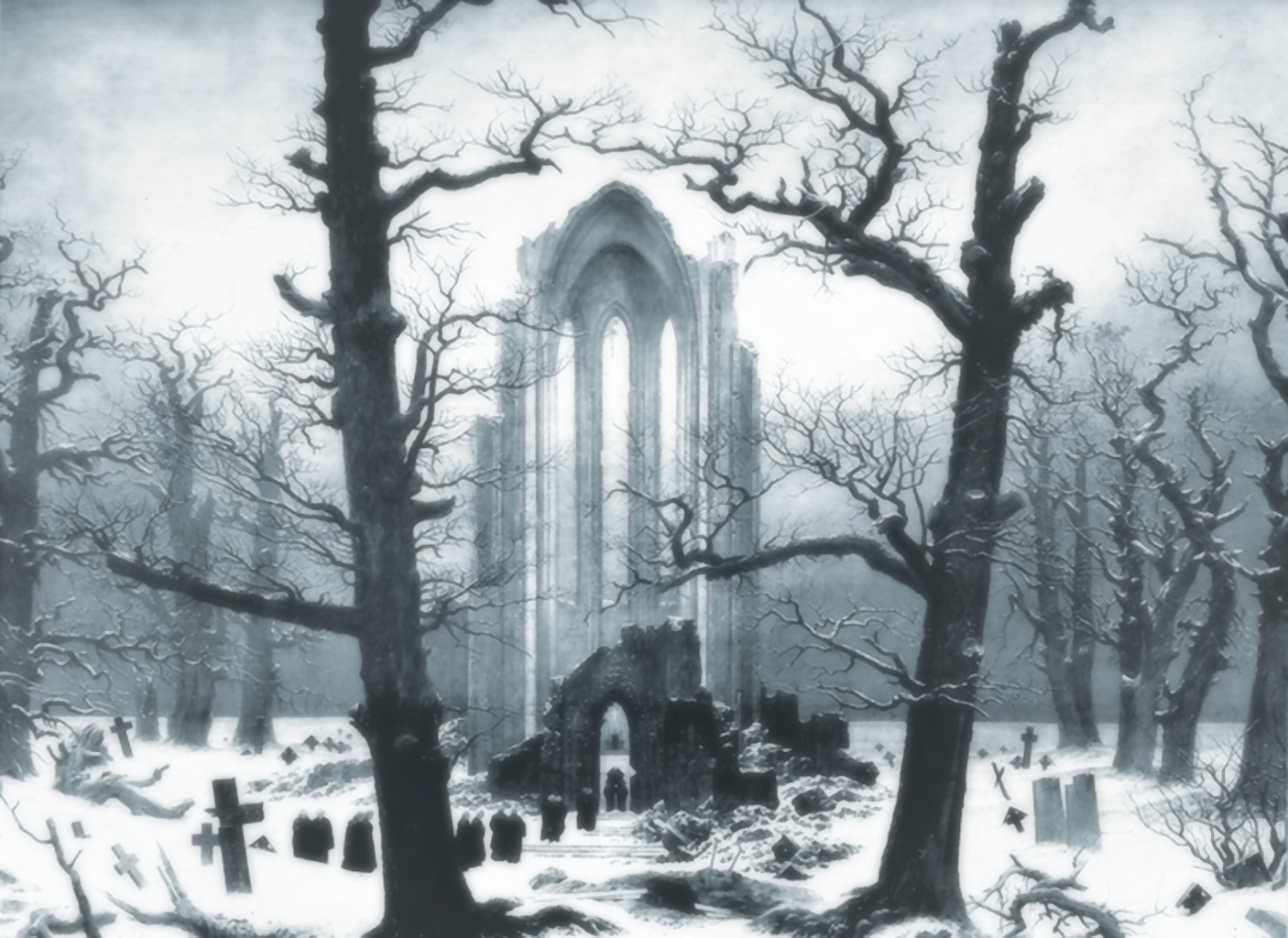 Winter graveyard ruin in snow, Caspar David Friedrich artwork, Monastery Graveyard under Snow (1819)