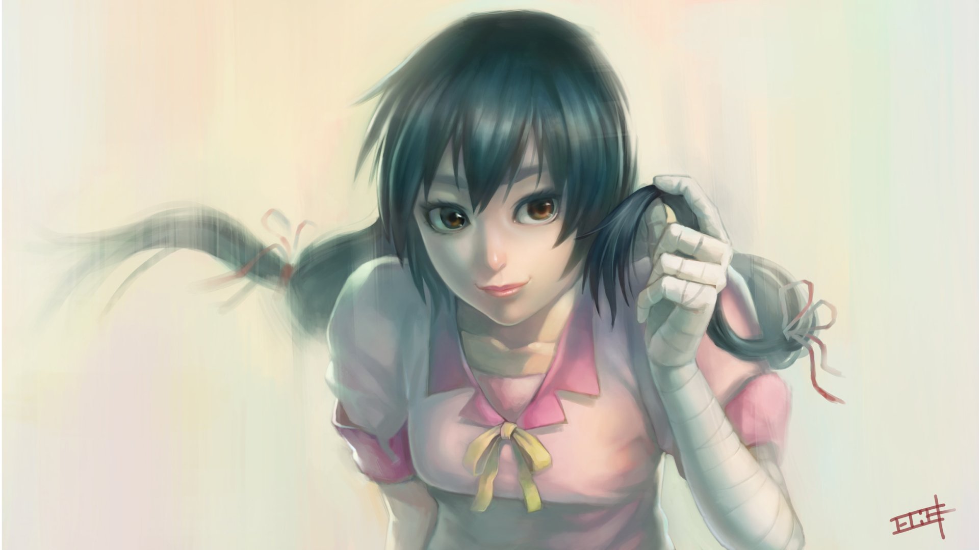 HD anime wallpaper featuring Suruga Kanbaru from the Monogatari series, depicted with dark hair, amber eyes, and a pink outfit against a soft, light background.