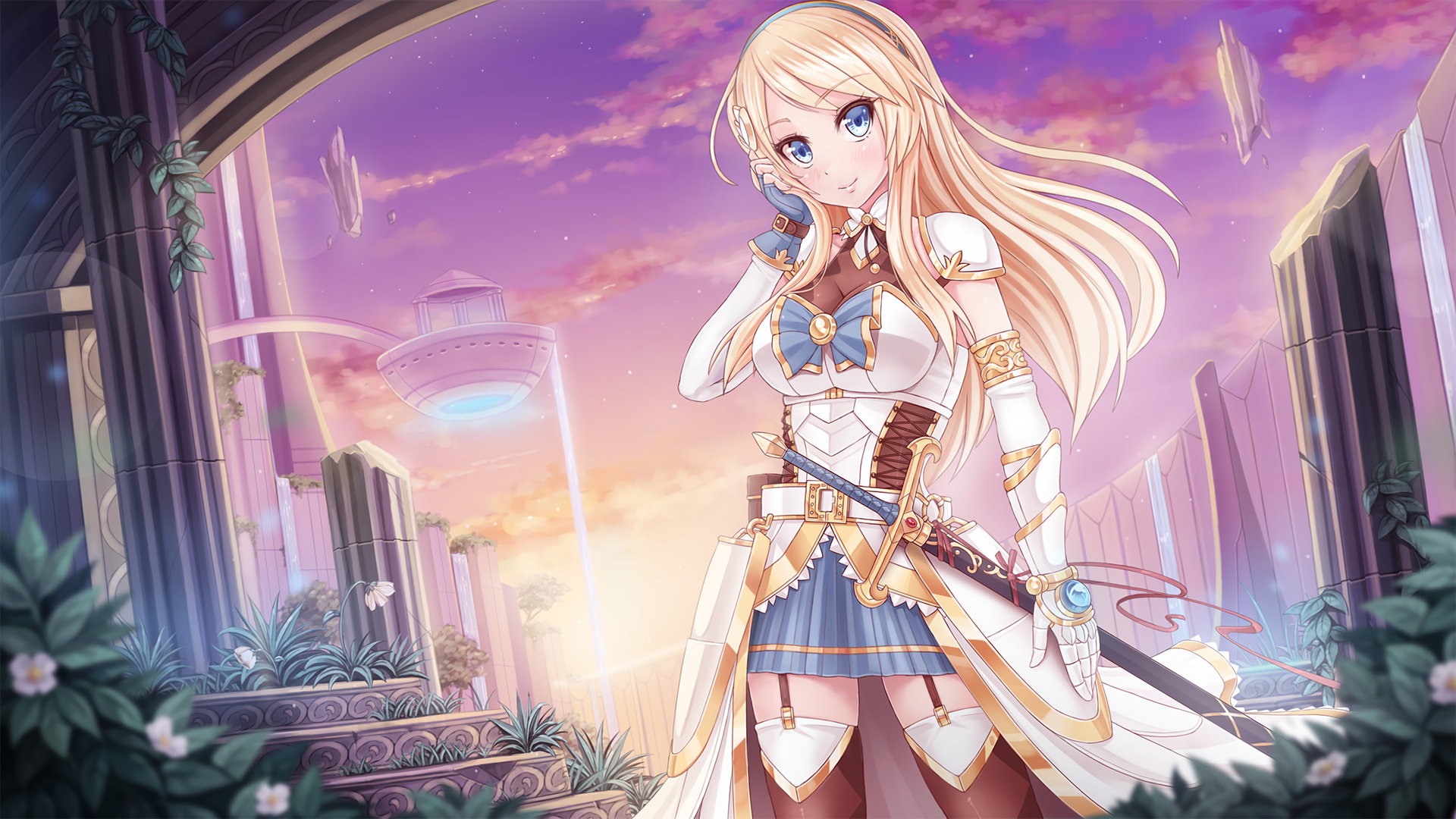 Anime-style original HD PC desktop wallpaper depicting a blonde female warrior with blue eyes in fantasy armor, set against a vibrant sunset sky with ancient ruins.