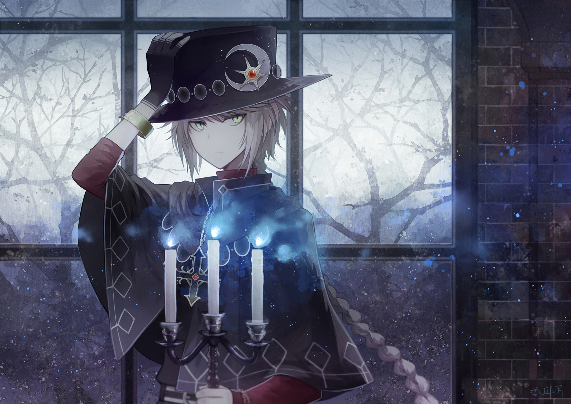 An original anime HD desktop wallpaper features a mysterious character in a stylish hat and cloak, holding glowing candles in front of a window with tree silhouettes.