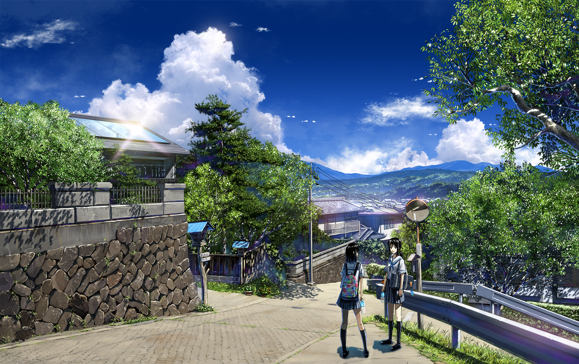 A vibrant HD anime wallpaper depicting two figures walking down a scenic path with lush green trees, blue skies, and distant mountains creating a tranquil background.