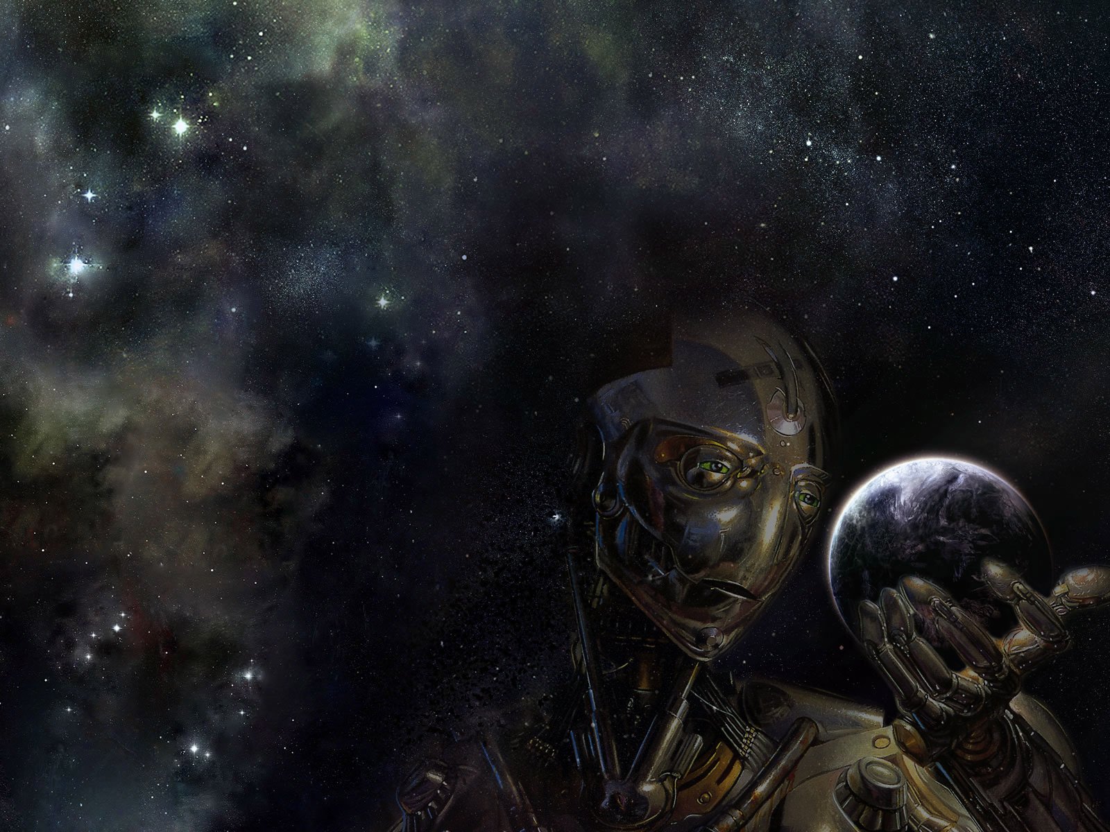 A high-definition wallpaper featuring a surreal sci-fi scene with a cyborg holding a small planet against a backdrop of a starry, ethereal galaxy.
