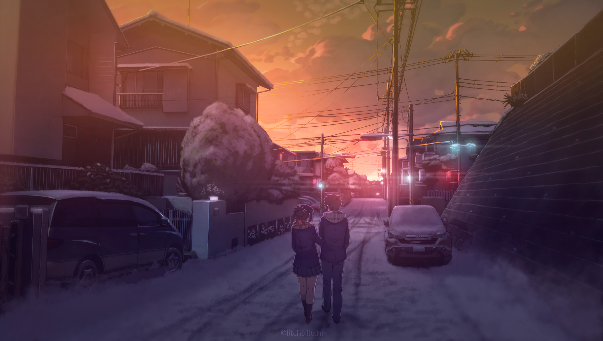 An HD desktop wallpaper featuring Taki Tachibana and Mitsuha Miyamizu from Your Name. walking down a snowy street at sunset in an anime style.